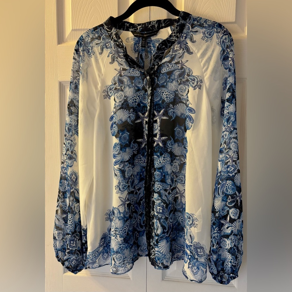 WHBM 100% poly sheer blue Seashell design Sheer button up blouse NWT Size M